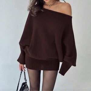 Y2K Maroon Versatile Asymmetric Shoulder Sweater Dress